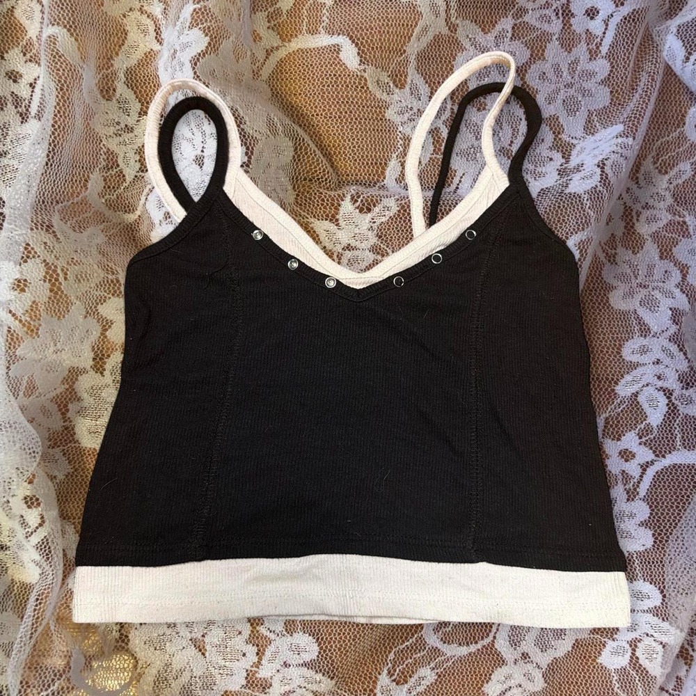 RSQ Womens Black White Double Layer Grunge Tank Cami Y2K Ribbed Cropped Small